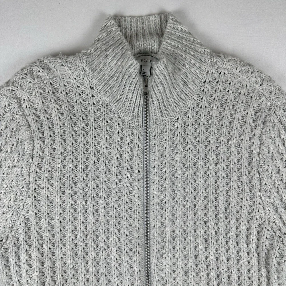 Calibrate Full Zip Sweater Mens Medium Gray Waffle Knit Merino Wool Alpaca Blend
